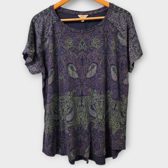Lucky Brand Paisley Blouse Size Peacock Colors Cotton Modal Bohemian Tee Hippie - Picture 2 of 16